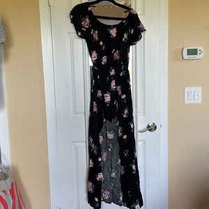 Black, floral print high low dress with shorts under. Size medium from marshalls